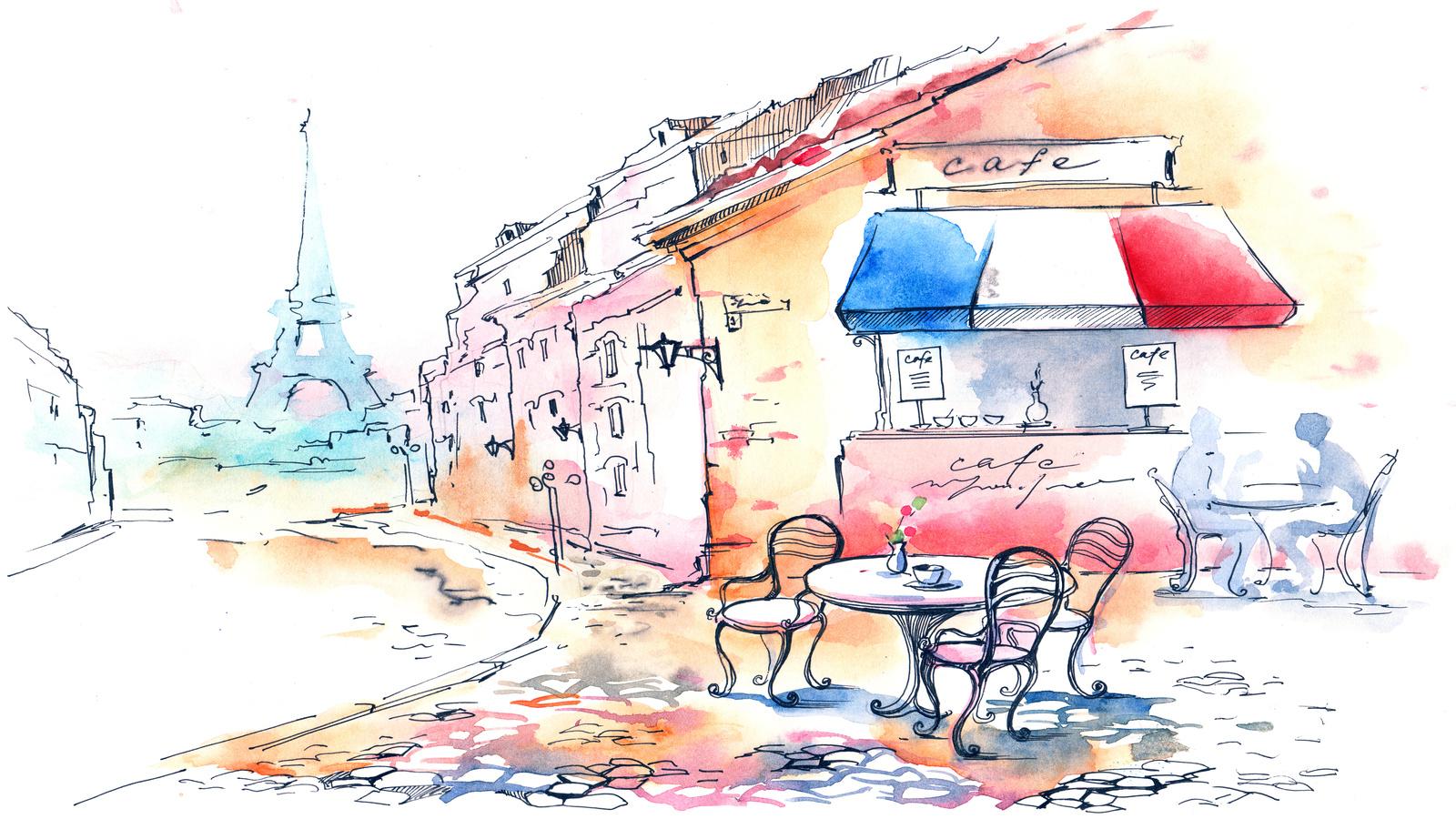 drawing of a sidewalk cafe in paris